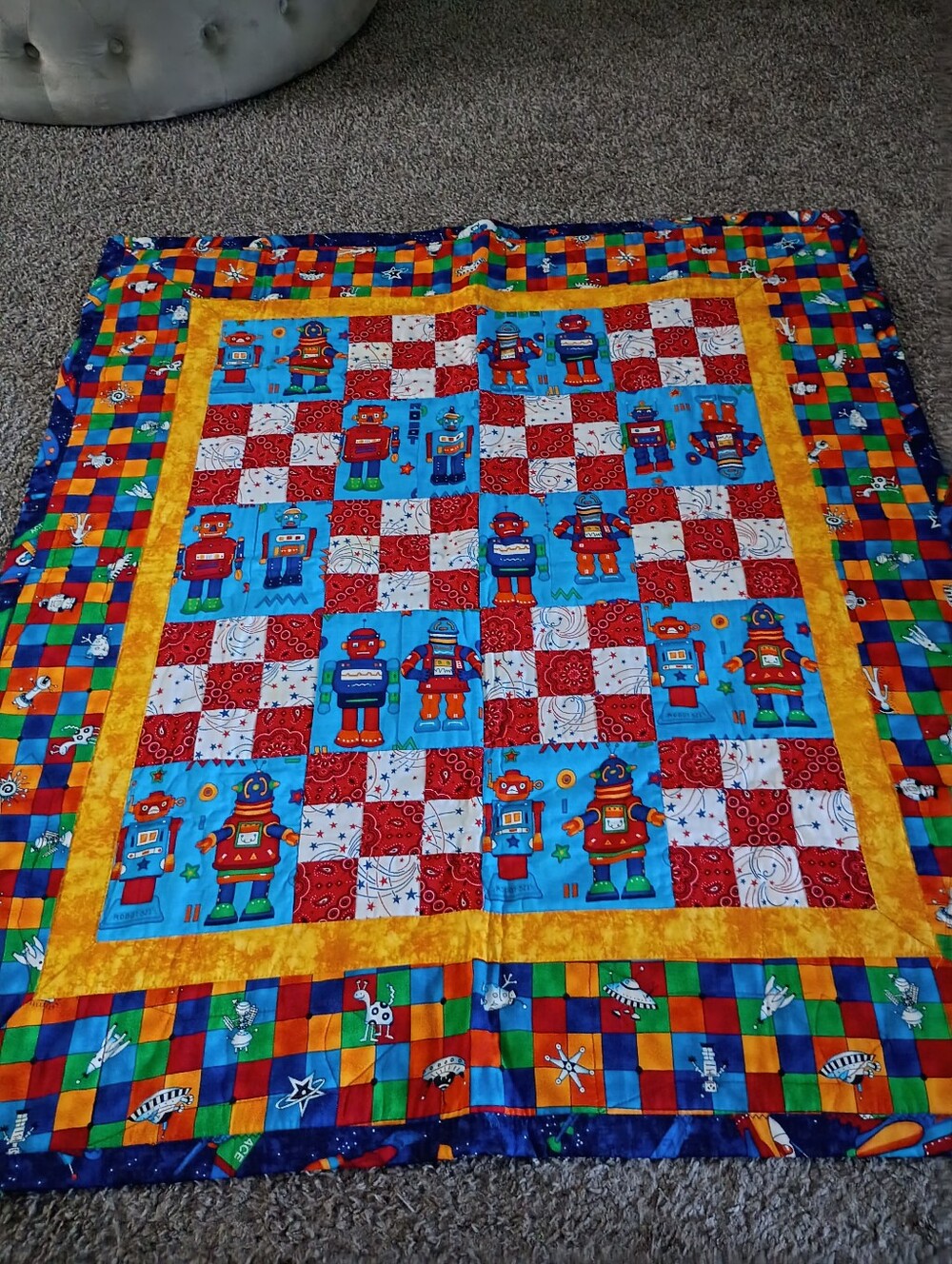 New Hand Made Child's Quilt, Outer Space Theme Play Mat, Approximately 36"X38"